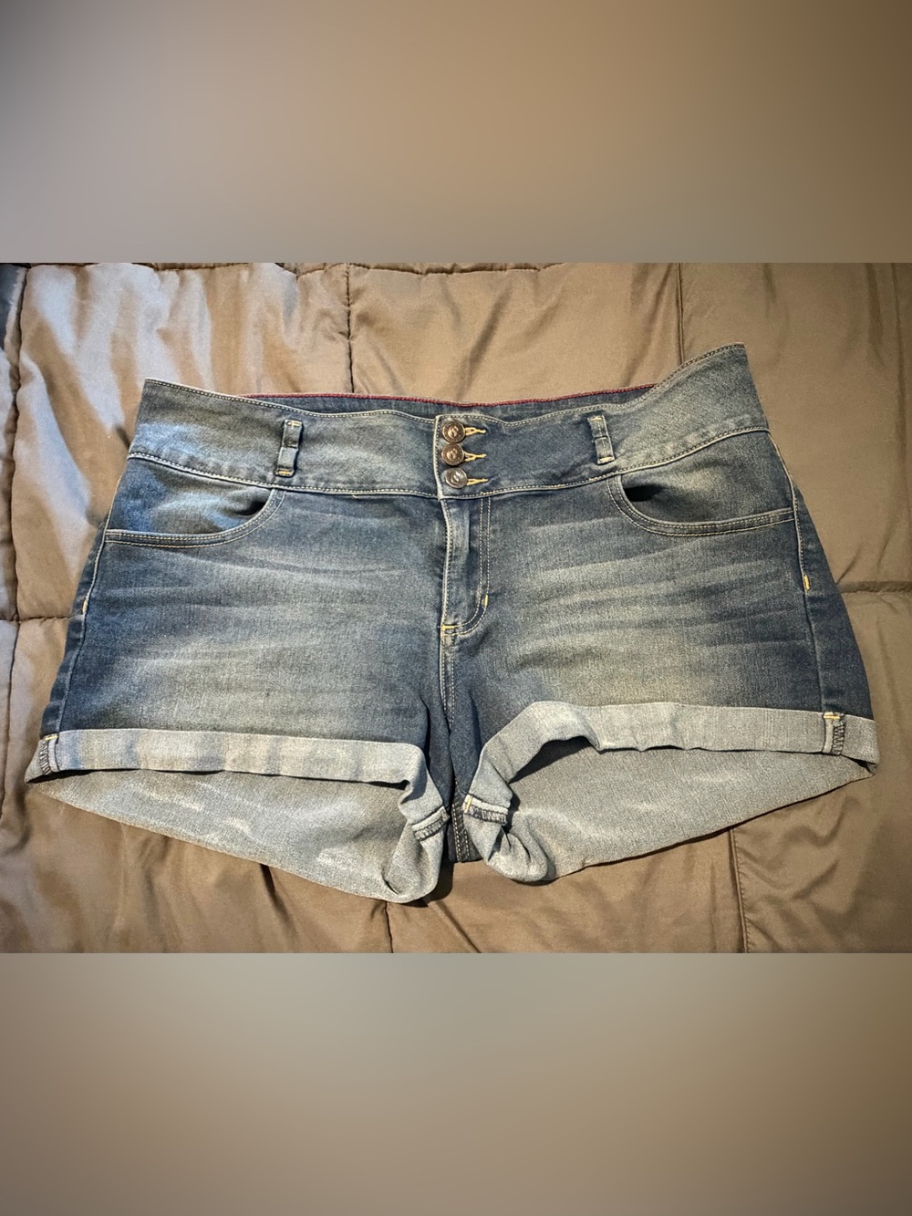 Cello Triple-Button  Rolled Hem Jean Shorts - Blue